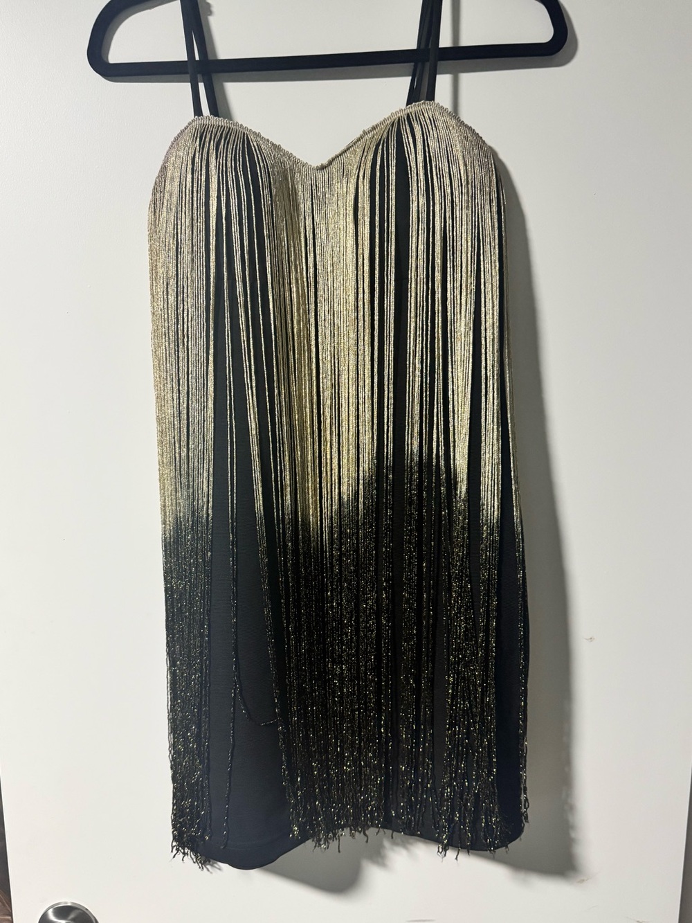 Black Slip Dress with Gold Fringe Ombré tassel